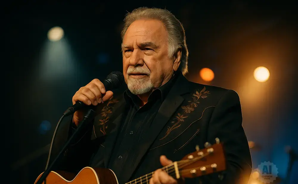 A man with grey hair and a beard sings into a microphone while playing a guitar.