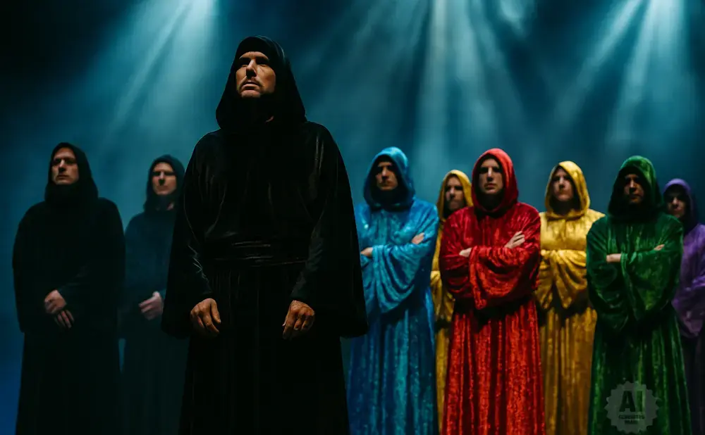 A group of people in colorful hooded robes stand in a line, illuminated by spotlights.