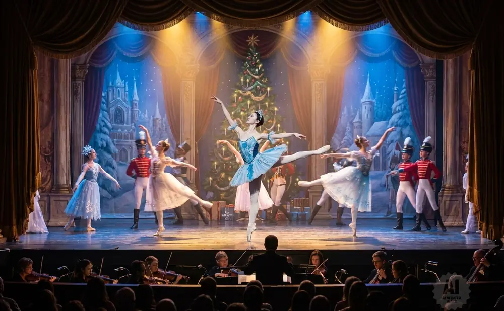 Ballet dancers perform on a stage with a Christmas tree backdrop, accompanied by an orchestra.