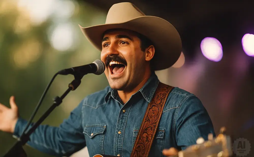 A man in a cowboy hat and denim shirt sings into a microphone, playing a guitar.
