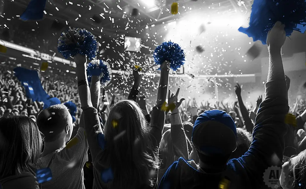Crowd with blue and yellow pom-poms and confetti at a concert or sporting event.