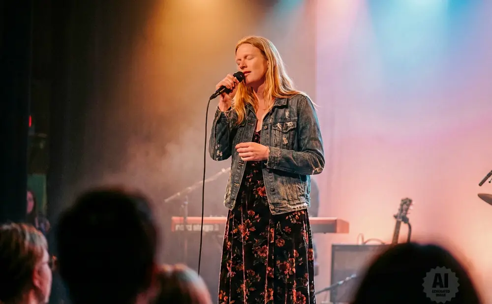 Singer with eyes closed, holding a microphone, on stage with a band and colorful lighting.