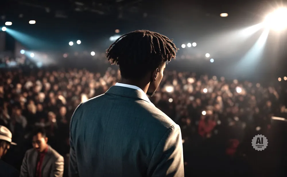 Man with dreadlocks in a suit facing a large audience under stage lights.
