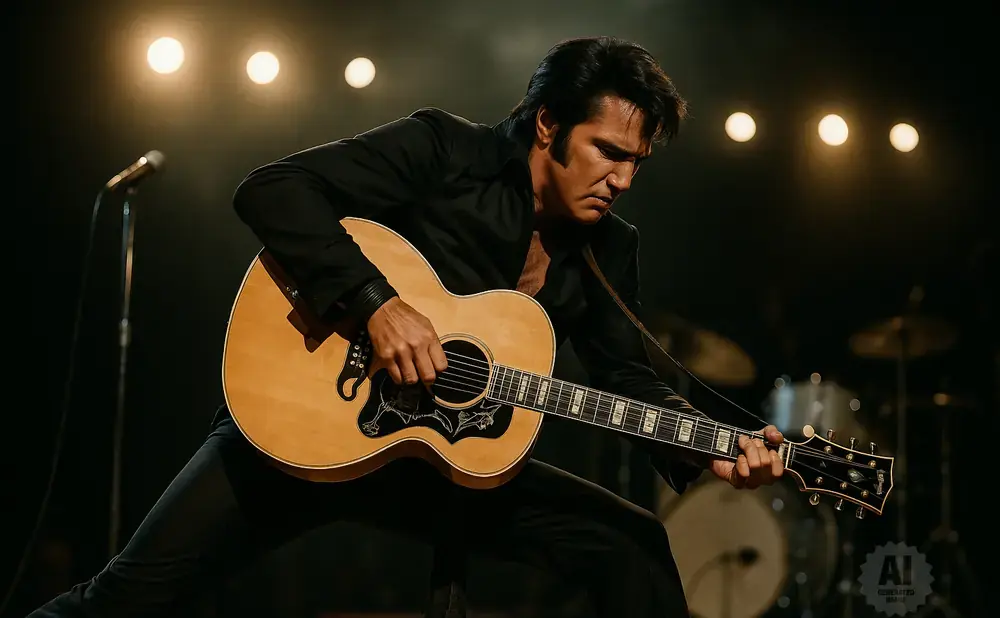 Elvis Presley impersonator plays an acoustic guitar on stage with spotlights behind him.