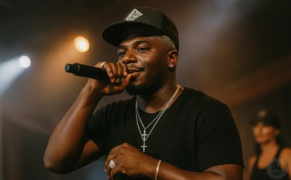 Rapper wearing a black t-shirt, black cap, and diamond necklaces performs into a microphone.