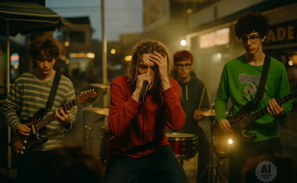 A band plays music outdoors at night, with a singer in the foreground and guitarists and a drummer behind.