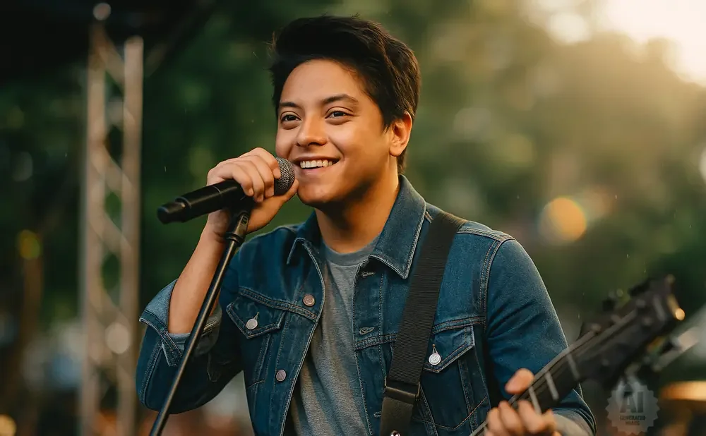 A young man smiles while singing into a microphone and playing a guitar, wearing a denim jacket.