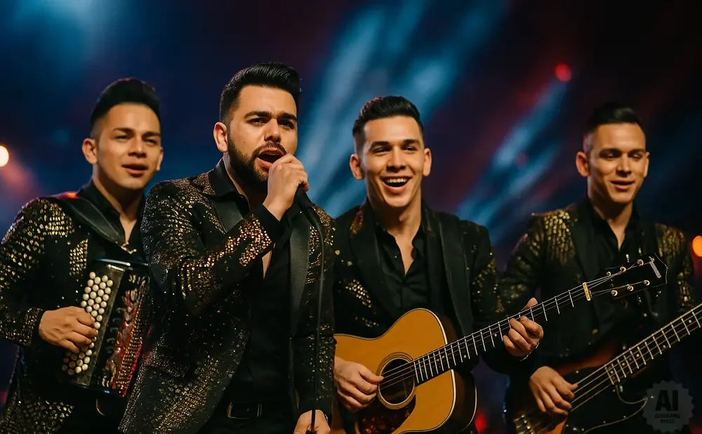 Band members in sparkly black jackets play music onstage under dramatic lighting.
