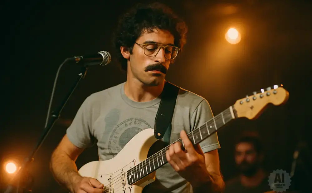 A man with curly hair and a mustache plays a white electric guitar under a spotlight.