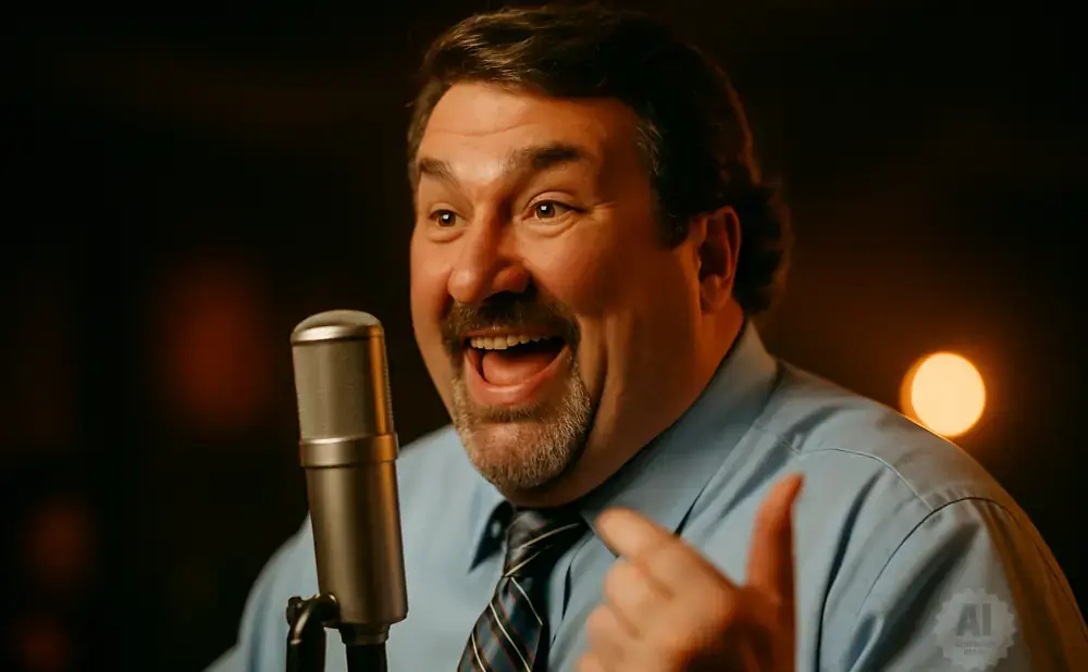 A man with a mustache and goatee laughs into a microphone, wearing a blue shirt and tie.