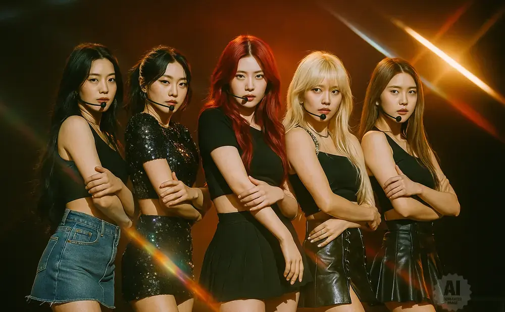 Five K-pop singers on stage, wearing matching black outfits and denim shorts, with one singer in red hair.