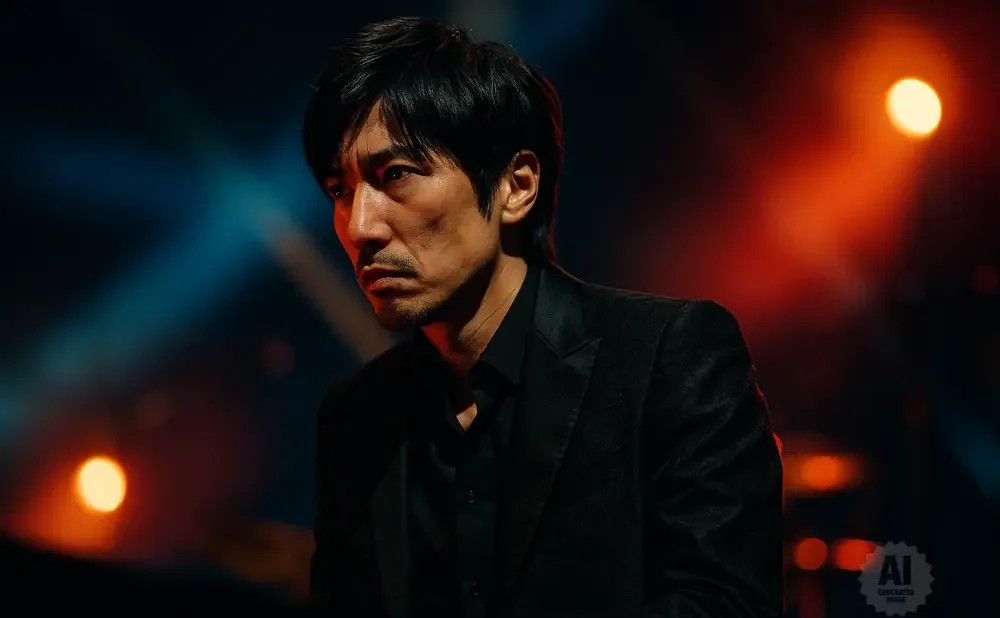 A man in a black suit stares intensely, illuminated by stage lights.