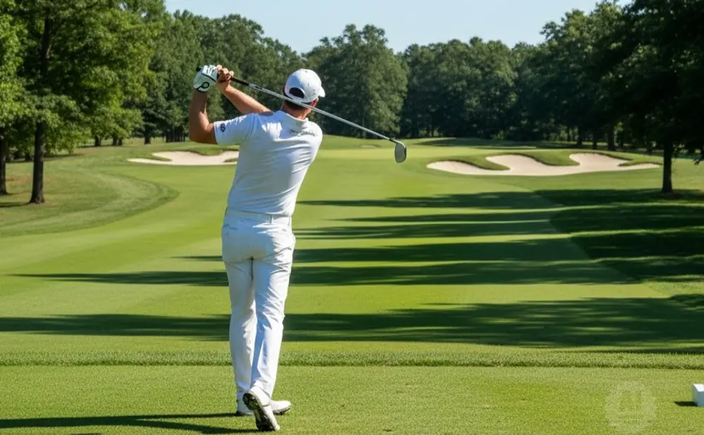 Golfer in white swings a club on a sunny golf course, with sand traps and trees in the background.