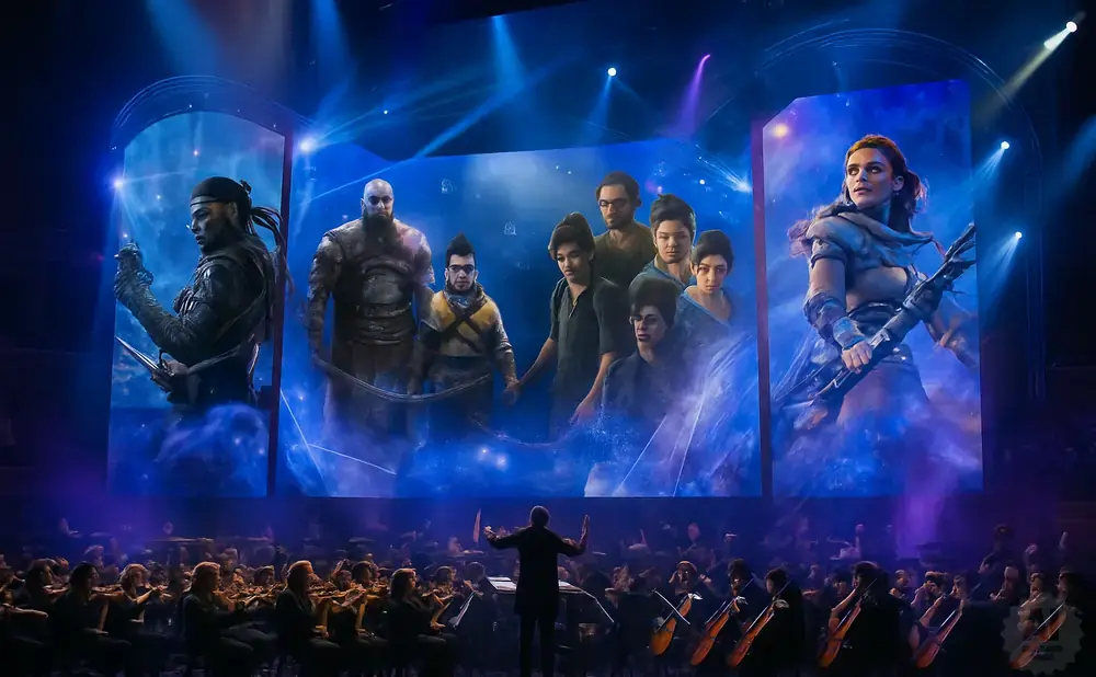 An orchestra performs under a large screen displaying characters from a fantasy video game.