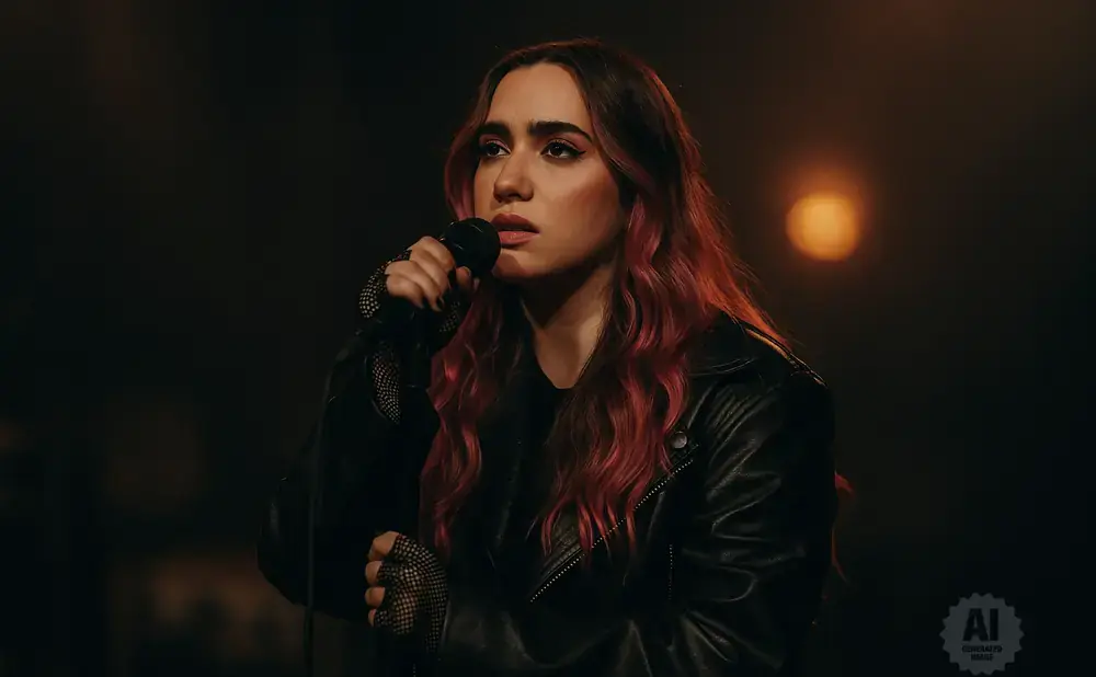 Woman with pink-tinted hair wearing a black leather jacket and fishnet gloves, singing into a microphone.