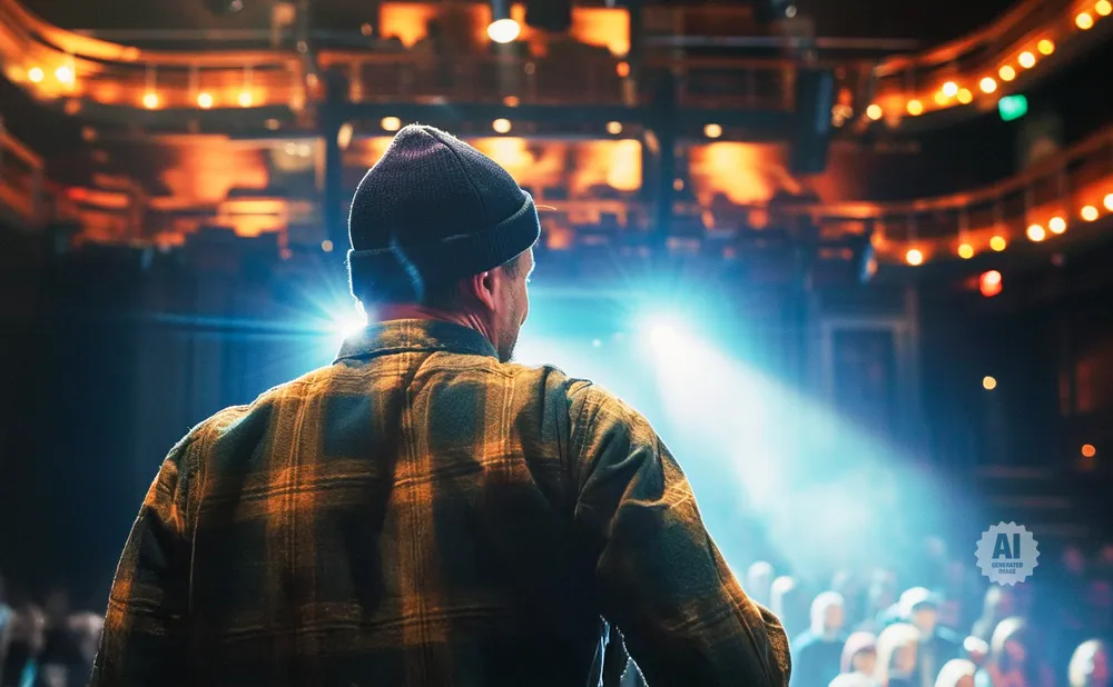 A person in a plaid shirt and beanie stands with their back to the camera, facing a bright stage light and an audience.
