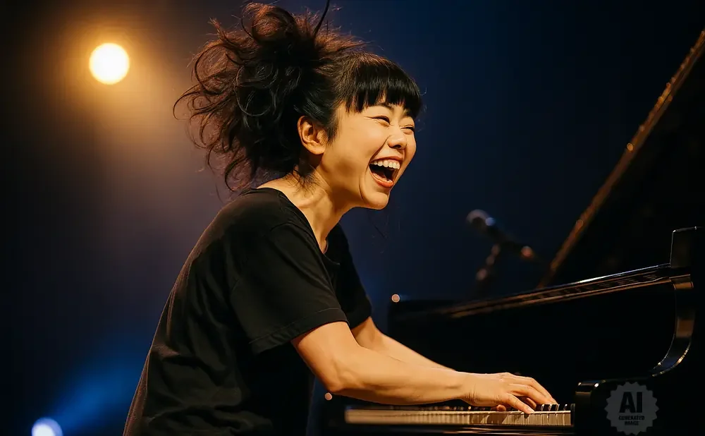 Pianist joyfully plays the piano with her hair wild and a bright spotlight behind her.