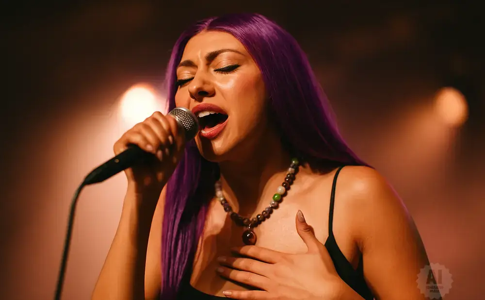 A woman with purple hair sings into a microphone while holding her chest.