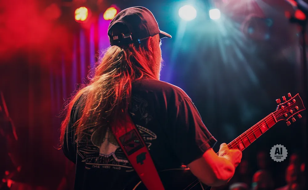 A guitarist with long hair and a baseball cap plays an electric guitar on a brightly lit stage.