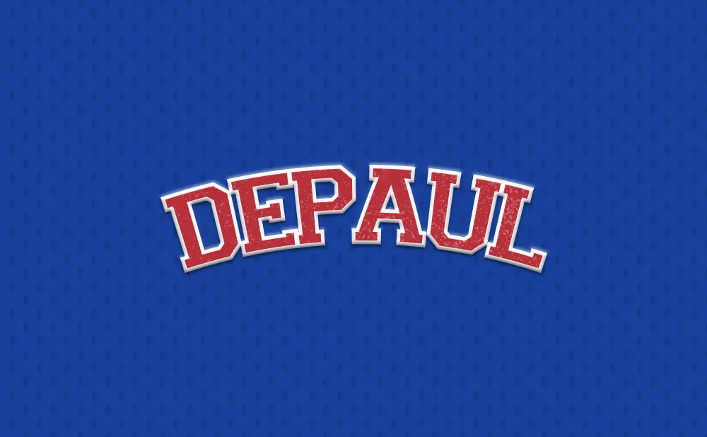 Depaul text in red with white outline on a blue patterned background.