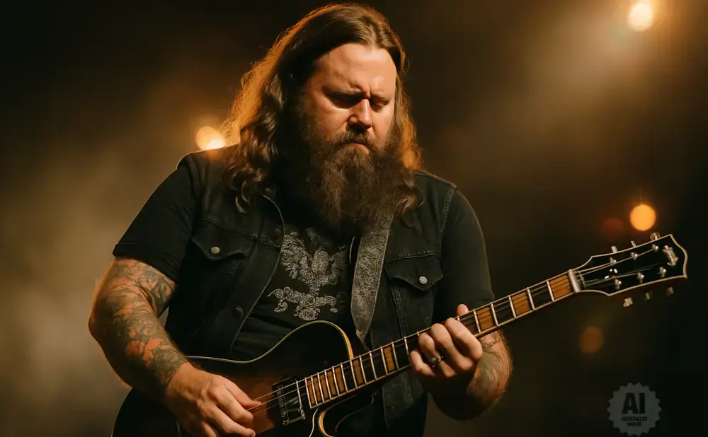 A long-haired, bearded man with tattoos plays an electric guitar on stage with warm lighting.