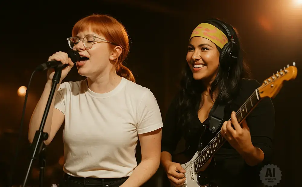 Two women perform music: one sings into a microphone, the other plays guitar while wearing headphones.