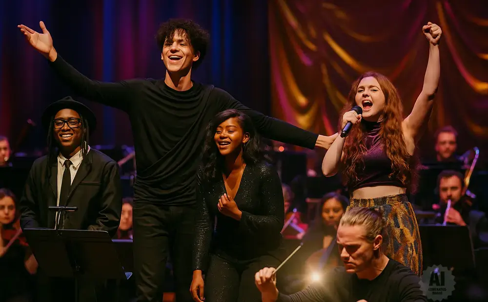 A diverse group of young performers sing on stage with an orchestra.