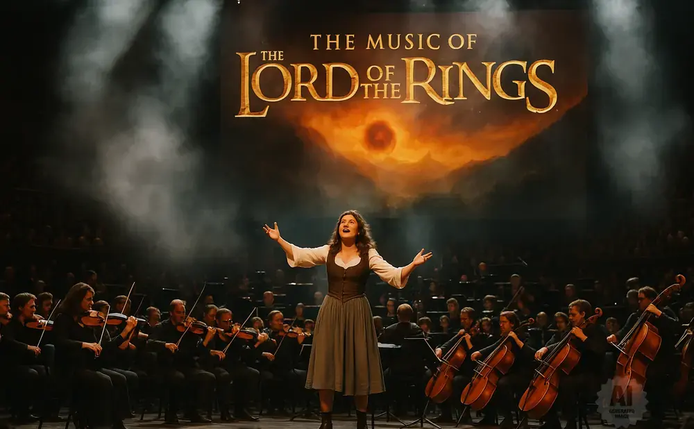 A woman sings on stage with an orchestra under a 