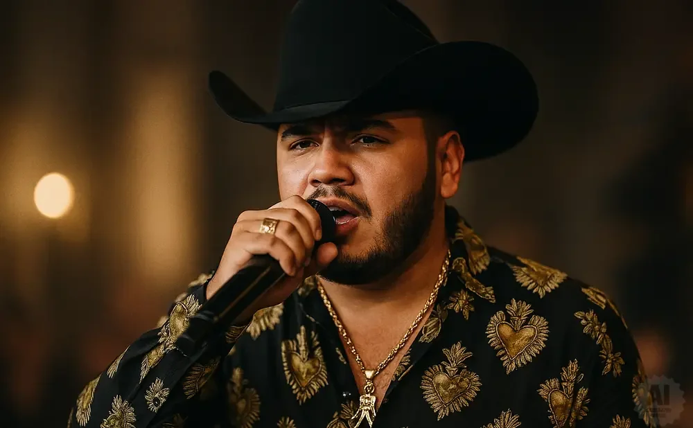 Man in a cowboy hat and ornate shirt sings into a microphone.