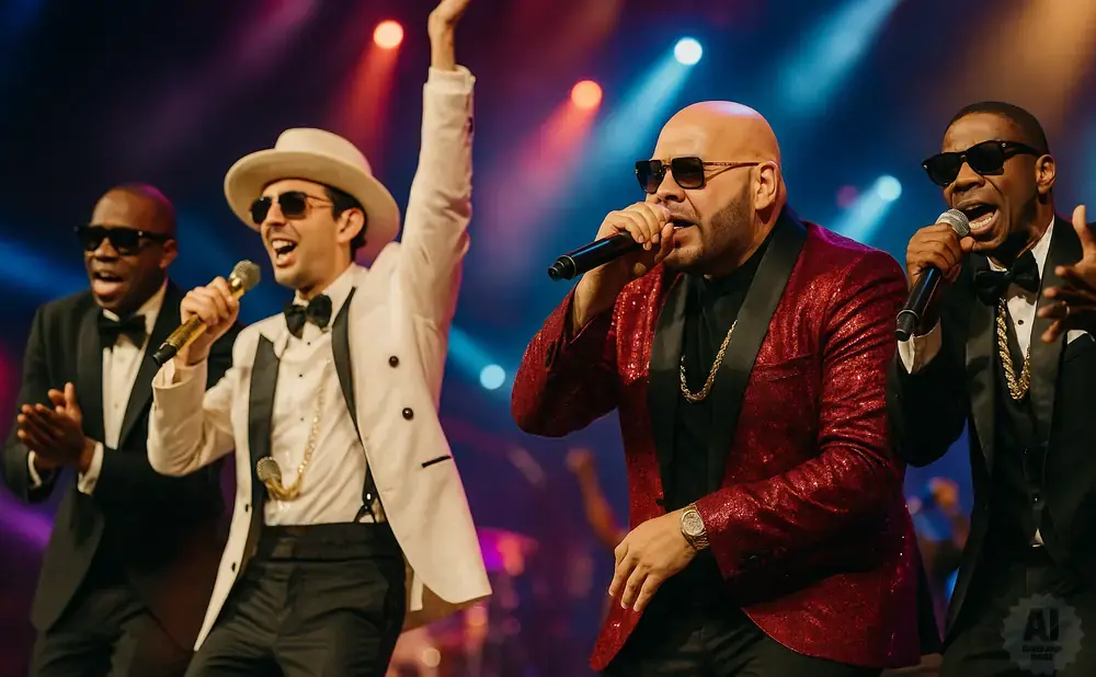Four men in formal wear with bow ties and sunglasses sing into microphones on stage, illuminated by stage lights.