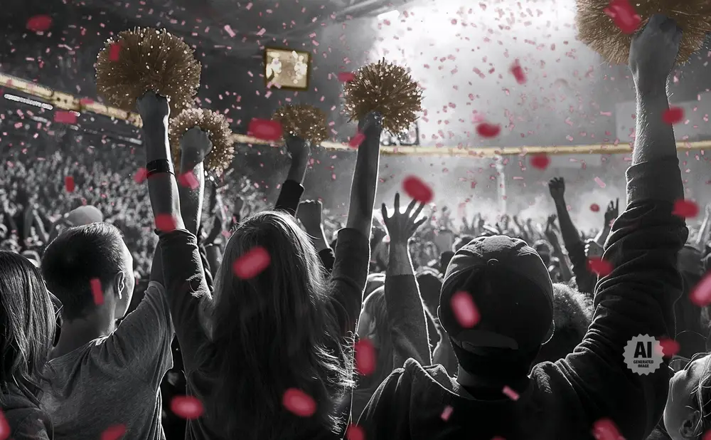 Fans cheer at a concert with pink confetti falling.