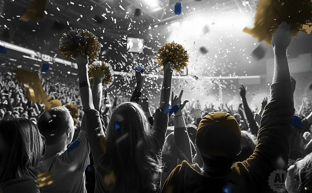 A crowd cheers and throws confetti during a celebration, with some holding gold pom-poms.