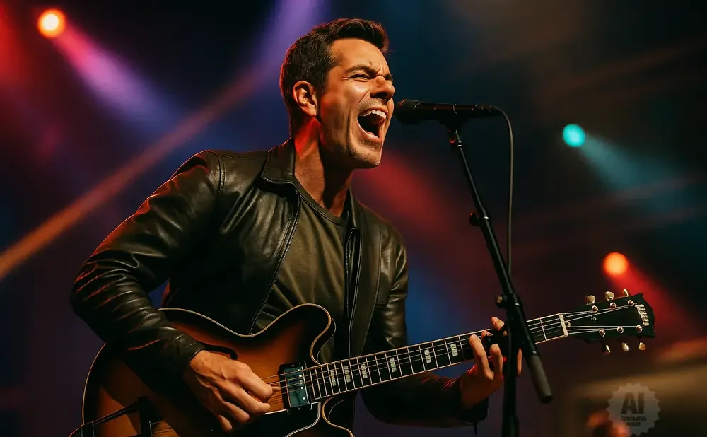 A man in a leather jacket sings and plays a guitar on a stage with colorful lights.