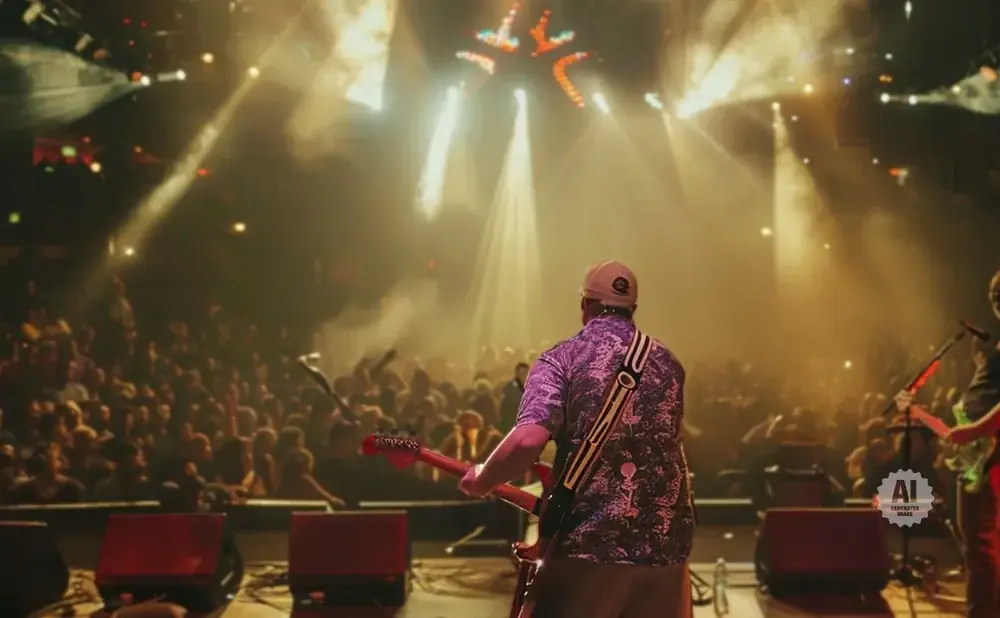 A guitarist plays on stage in front of a large, cheering crowd at a concert, bathed in dramatic stage lighting.