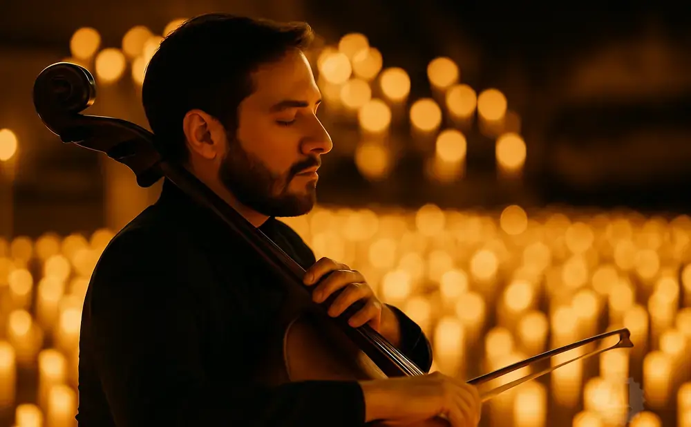 A man plays the cello in front of a blurred background of many glowing candles.