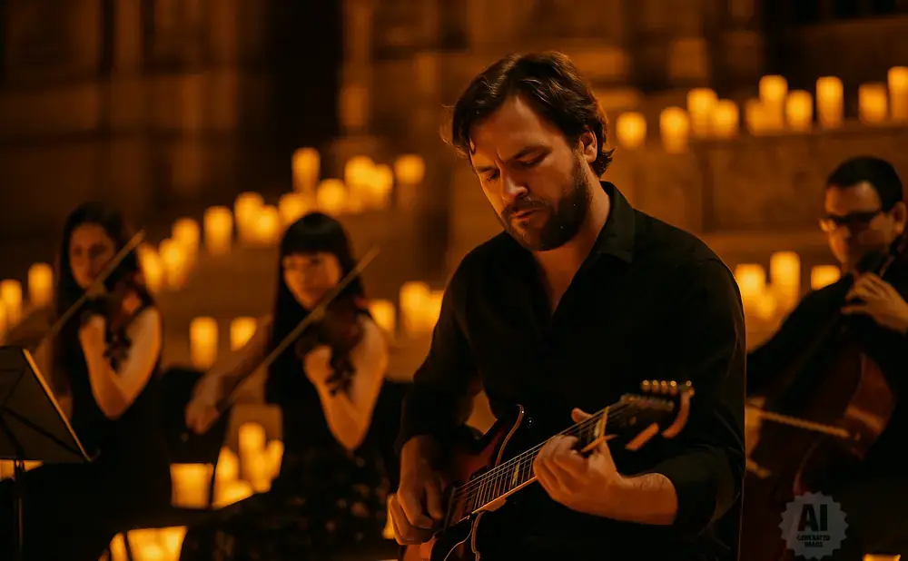 A man plays an electric guitar as two women play violins and a man plays a cello in a dimly lit room filled with candles.