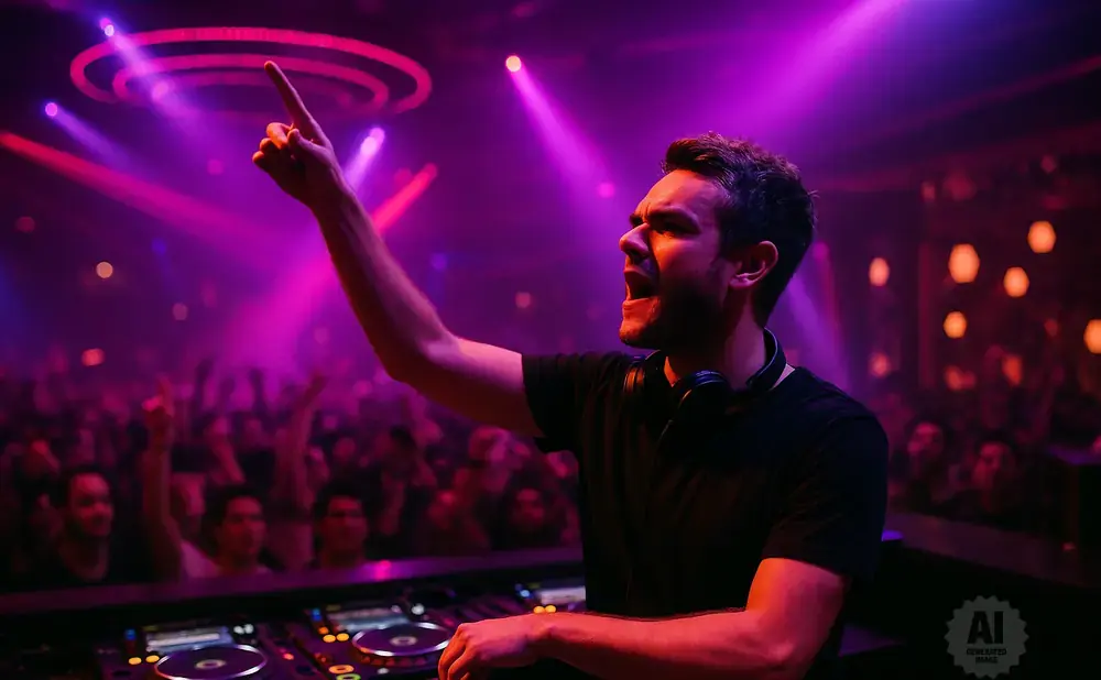 DJ pointing upwards at a crowded nightclub with purple lights.
