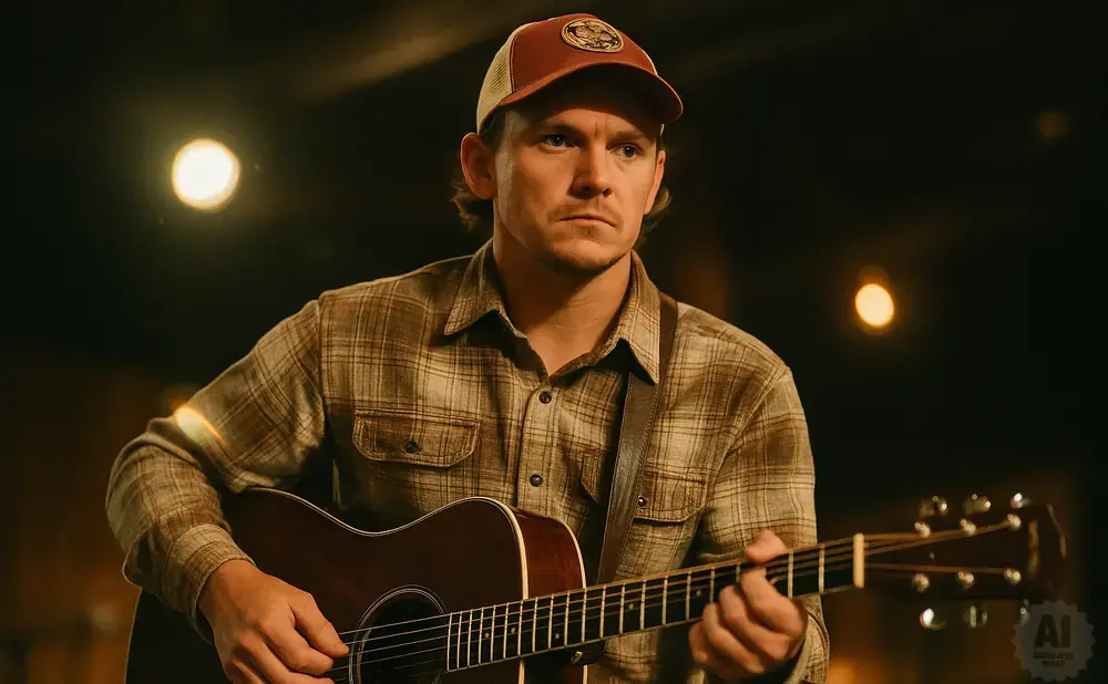 Man in a plaid shirt and baseball cap playing an acoustic guitar in dim lighting.
