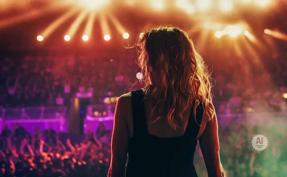 Back of a woman with long, wavy hair on stage, facing a cheering crowd under bright lights.