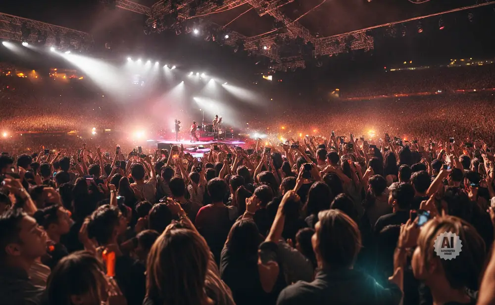 A crowded concert with a band on stage and many people holding up phones.