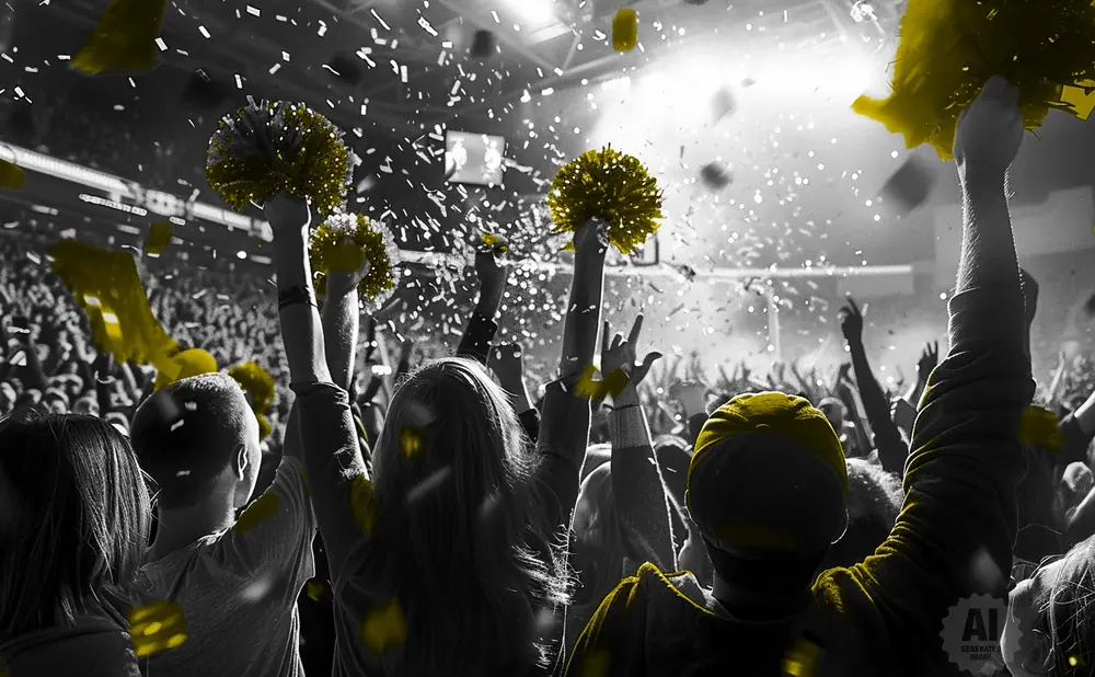 A crowd cheers at a concert, throwing yellow confetti and pom-poms in the air.