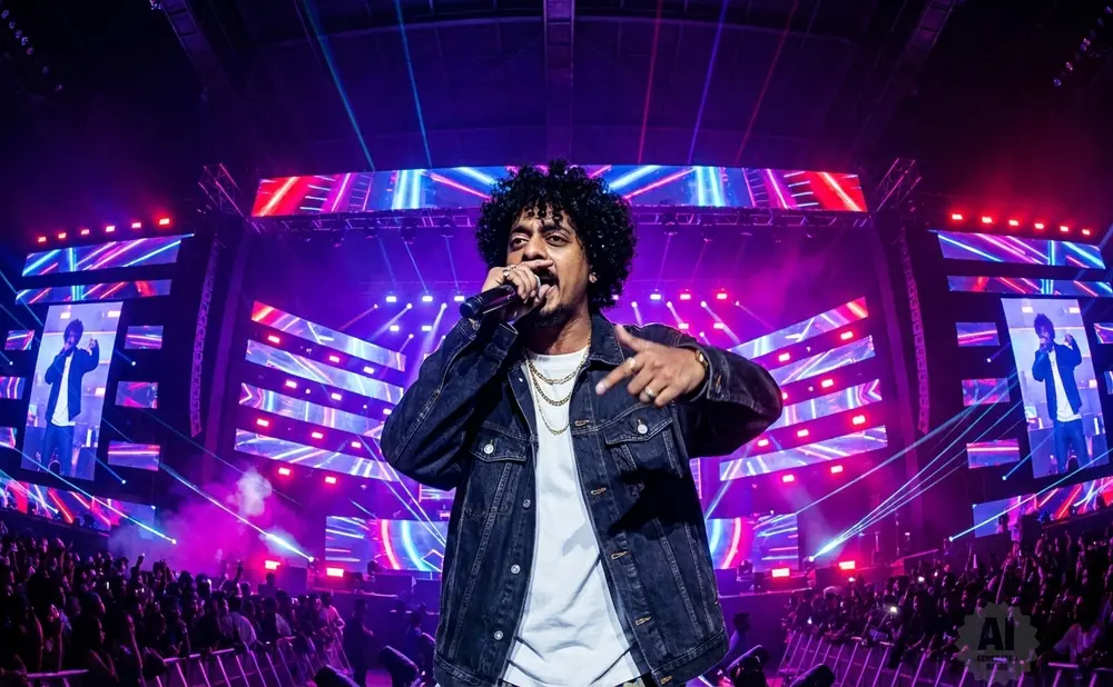 A rapper with curly hair performs on a stage with a large LED screen, bathed in purple and pink lights, while a crowd cheers.