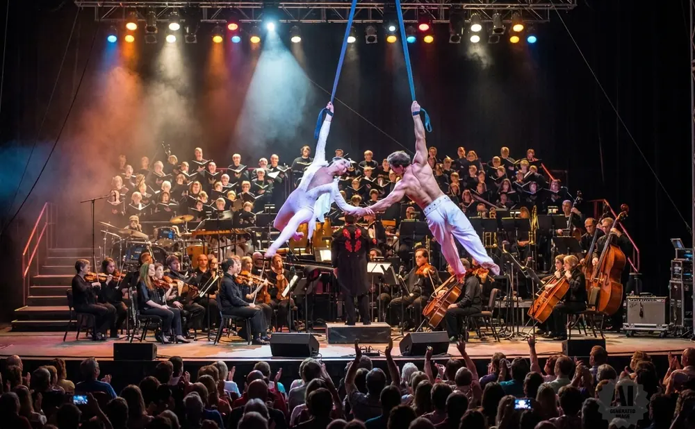 Aerial performers dance above an orchestra and choir during a dramatic outdoor performance.