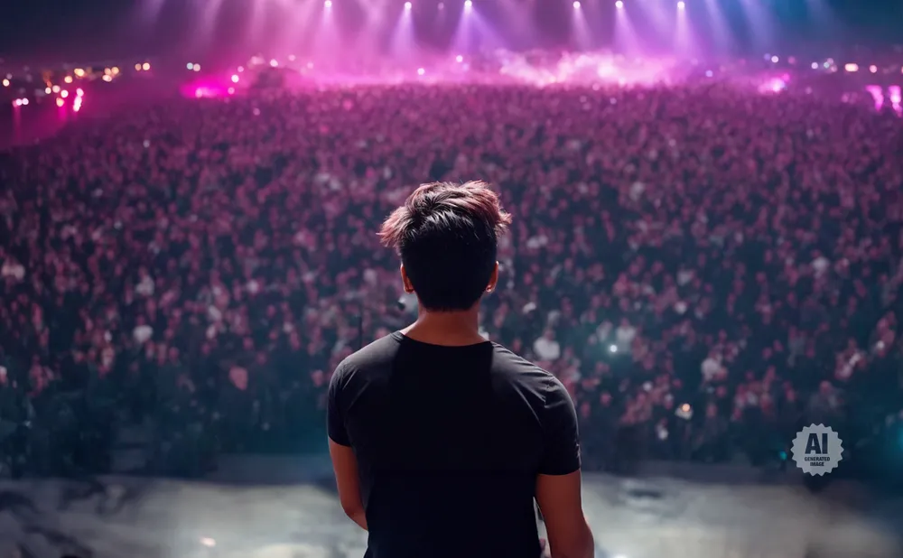 A person with pink-tipped hair stands on stage facing a large, cheering crowd at a concert.