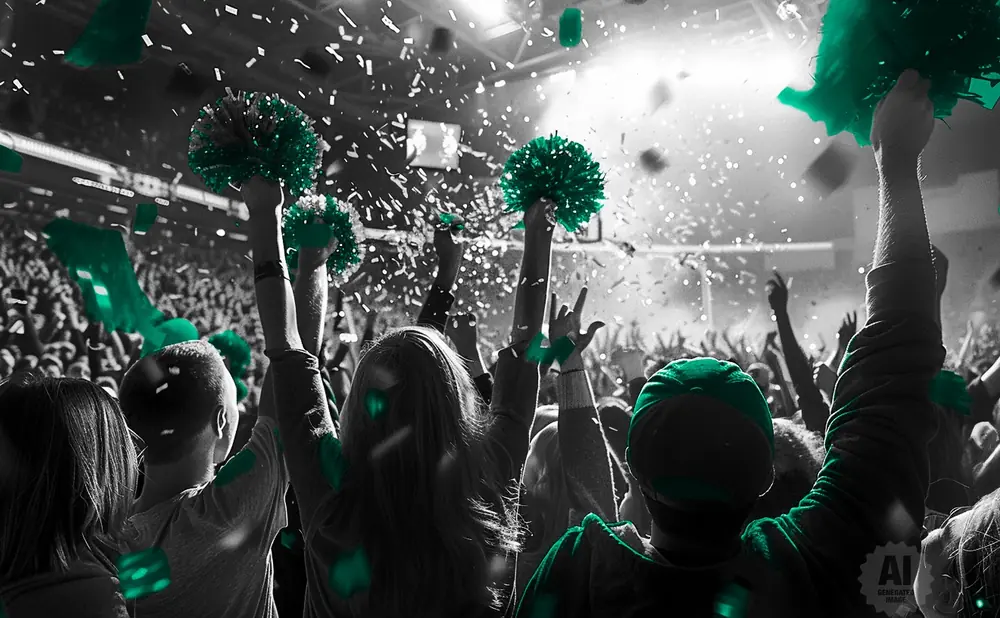 A crowd cheers and waves green pom-poms and flags with confetti falling.