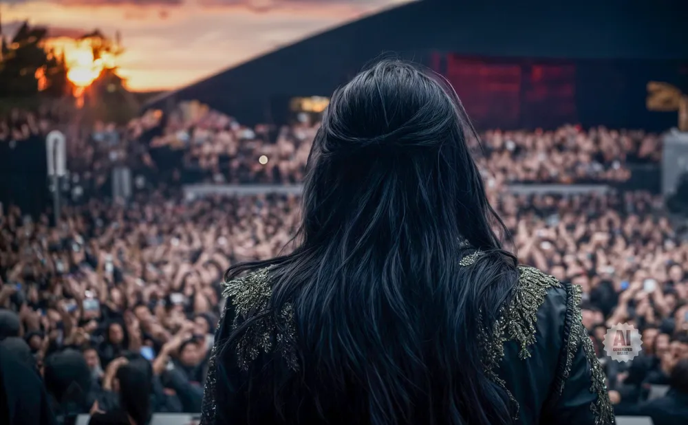 A performer with dark hair on stage facing a large, cheering crowd at sunset.