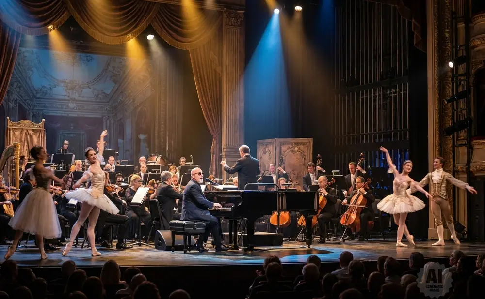 A ballet dancer performs with an orchestra and pianist on a stage.