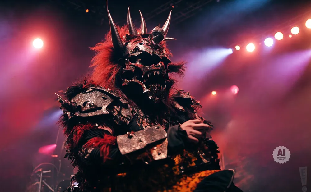 A musician in a fearsome, horned mask and elaborate costume performs on a smoky, lit stage.