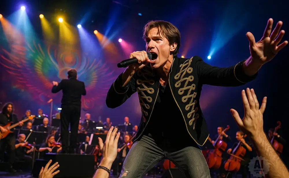 A male singer in a decorated jacket performs with an orchestra behind him.