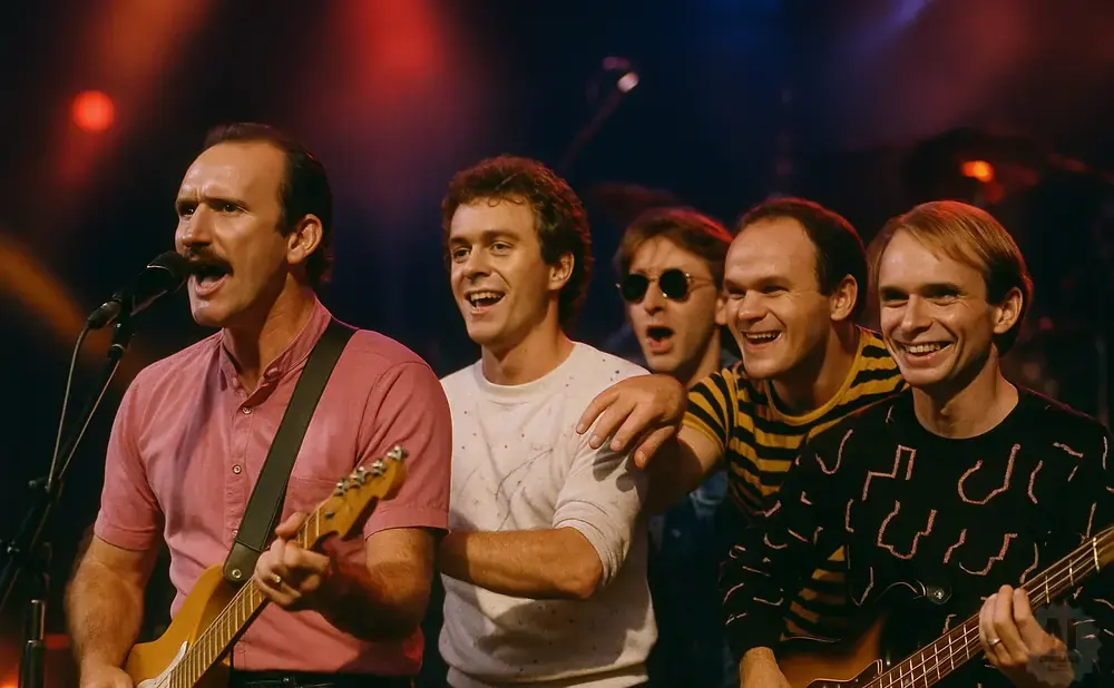 A band performs on stage with five men singing and playing instruments.
